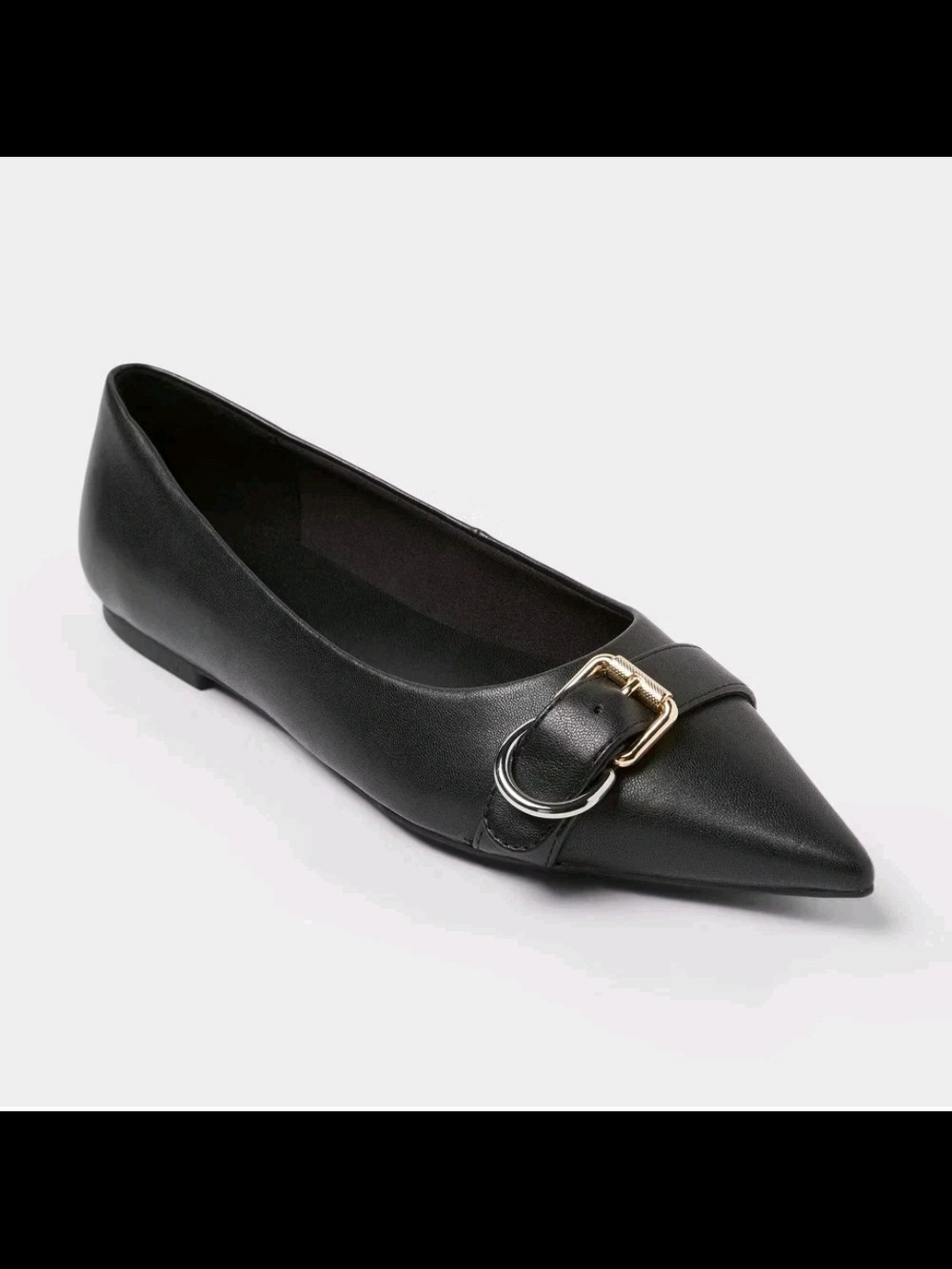 A New Day Valentina Pointed Toe Black Leatherette Ballet Flat with Buckle